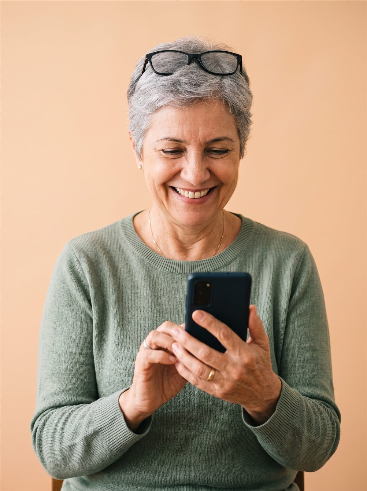 Imagem ilustrativa: senhora de cabelo grisalho e blusa verde, sorrindo enquanto olha o celular